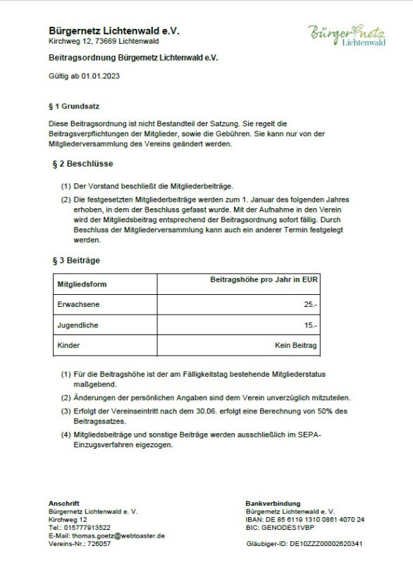 Beitragsordnung und SEPA-Mandat